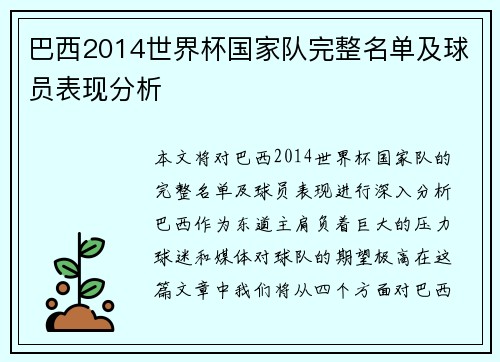 巴西2014世界杯国家队完整名单及球员表现分析